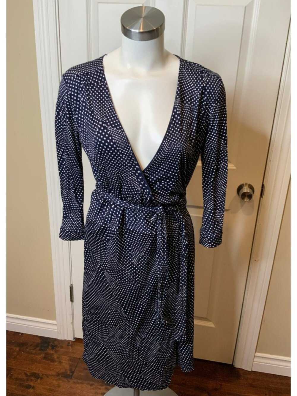 Hugo Boss Navy Blue & White Polka Dot Wrap Dress, Size Medium